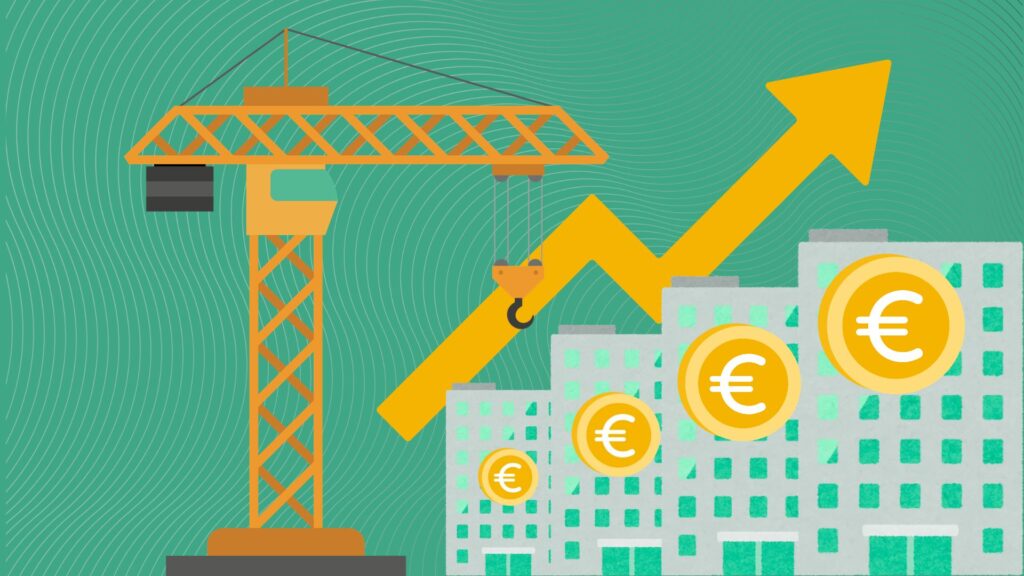 Grue, immeubles et flèche ascendante symbolisant la hausse des loyers des futurs logements sociaux dans la métropole lilloise.
